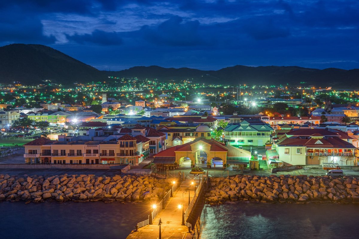 Basseterre waterfront and Port Zante at dusk, St. Kitts