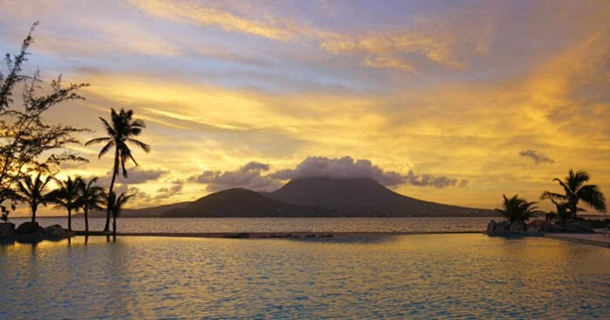 Sunset from a pool terrace in Nevis